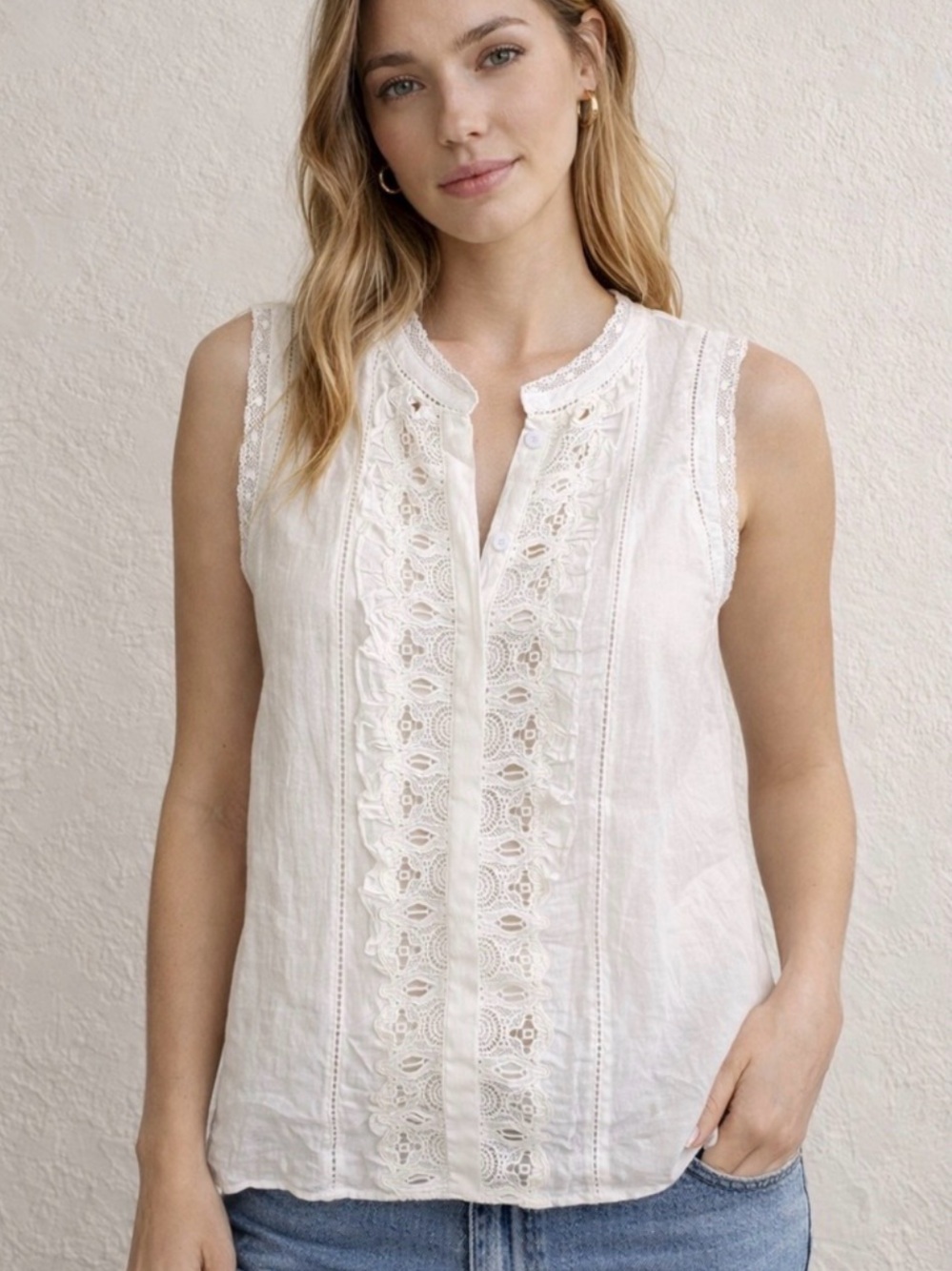 Rebecca Taylor White Lace Trim Sleeveless Cotton Blouse Top Size 6